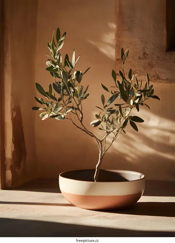 Olive Branch in a White and Brown Pot