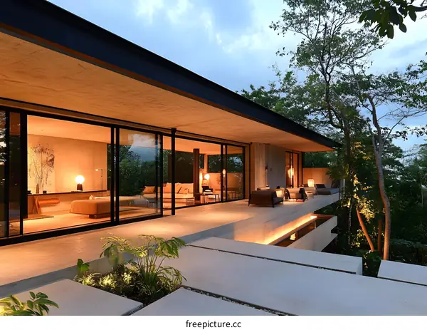 Modern Concrete House with Large Windows and a Terrace Overlooking the Forest