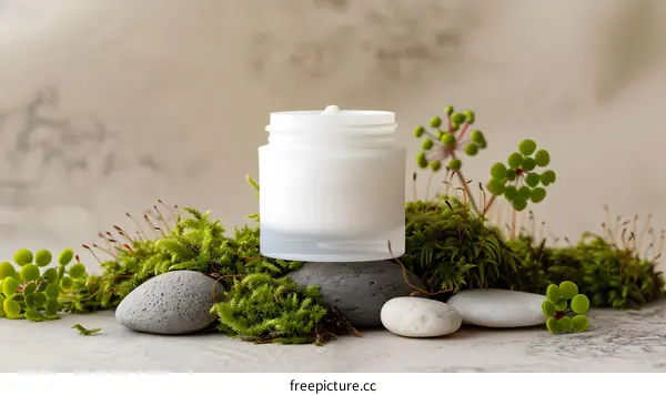 Natural Skin Care Cream Jar on Moss and Stones