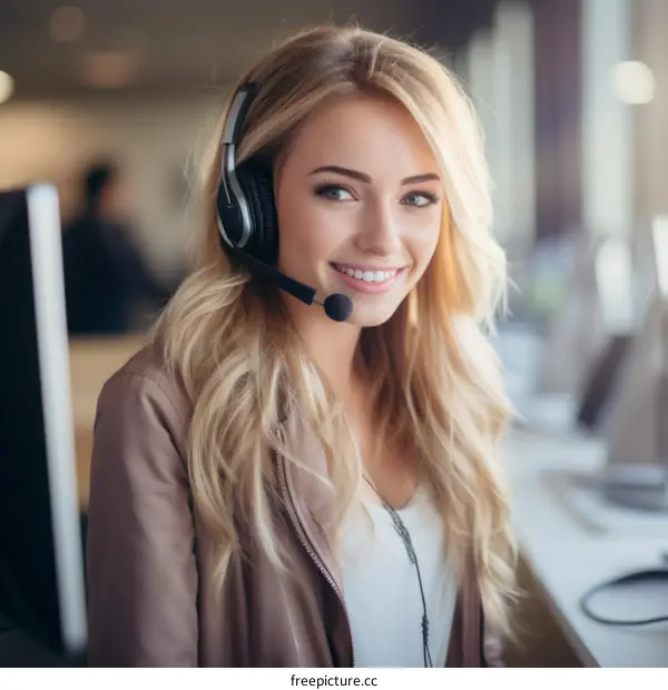 portrait of a beautiful blonde woman wearing a headset