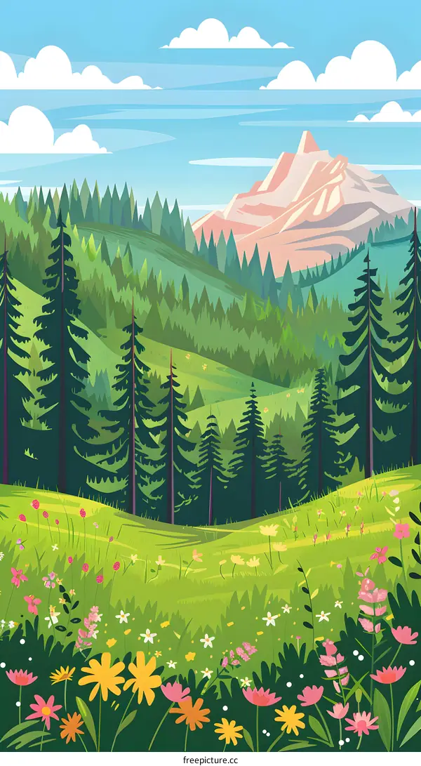 Green Forest Mountain Landscape With Flowers