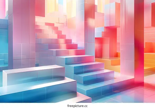 pink and blue geometric shapes form stairs and walls in a room with a shiny reflective floor