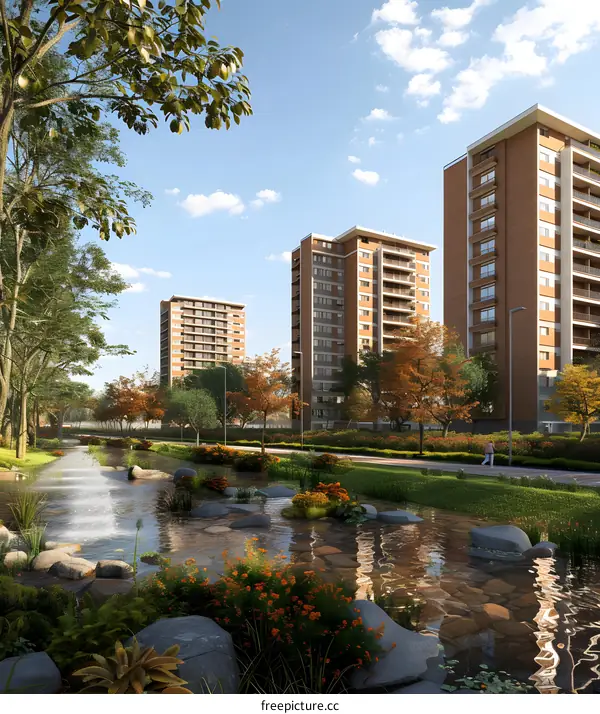 Modern Apartment Complex with Stream and Lush Landscaping