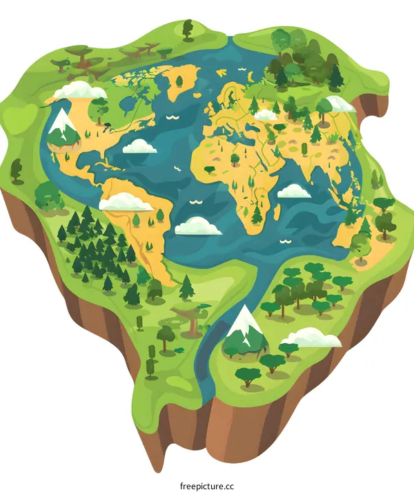 World Map Illustration with Mountains, Trees, and Clouds