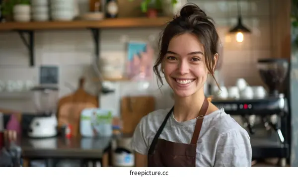 Portrait of a smiling young woman wearing an apron in a coffee shop