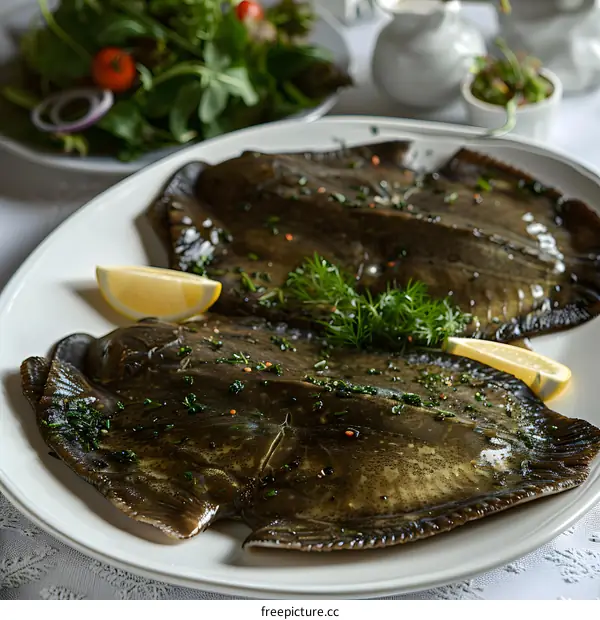 Fried fish with lemon and salad
