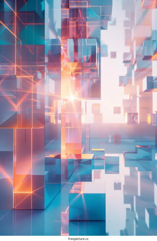 Abstract 3D rendering of a city made of glass and light