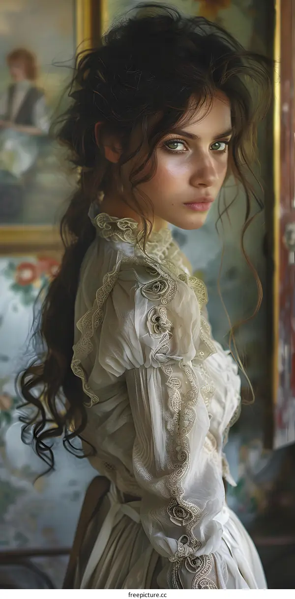 portrait of a young woman with long brown hair wearing a white dress with a lace collar