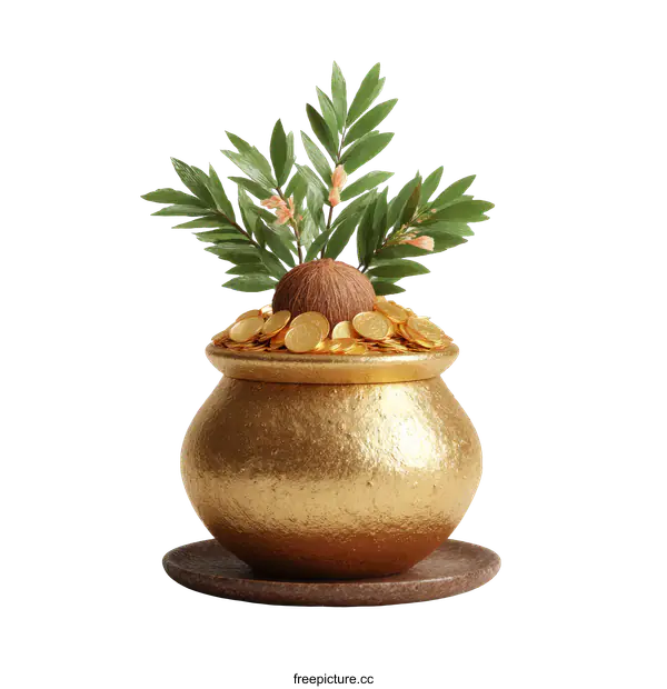[Transparent Background PNG]Golden Pot of Prosperity with Coconut Tree