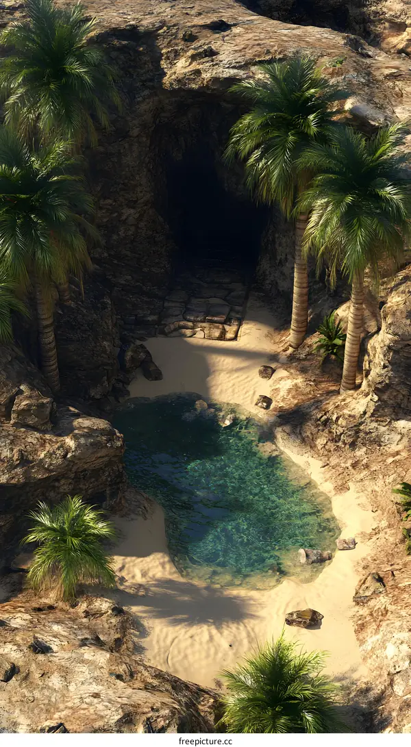 Cave Entrance With Palm Trees and Pool of Water