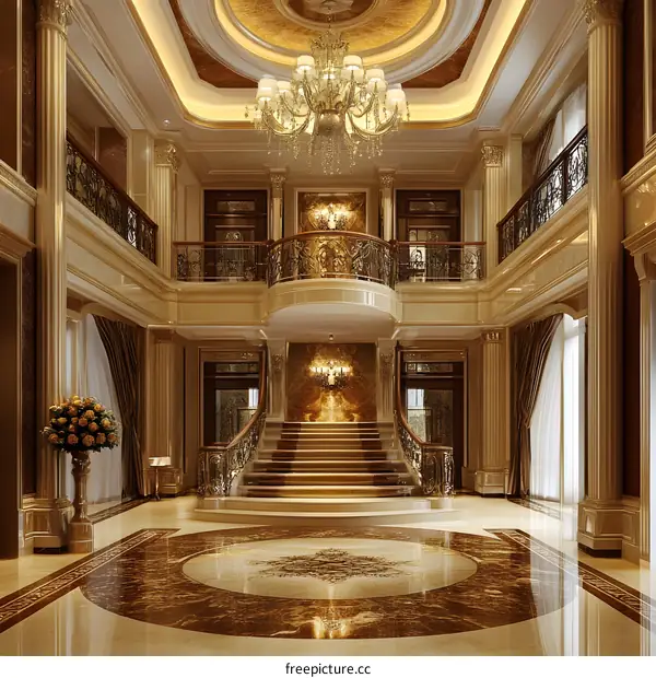 Luxury  Home Interior Design with Grand Staircase and Chandelier