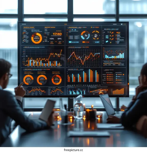 Business people discussing data and graphs on a large screen in a modern office