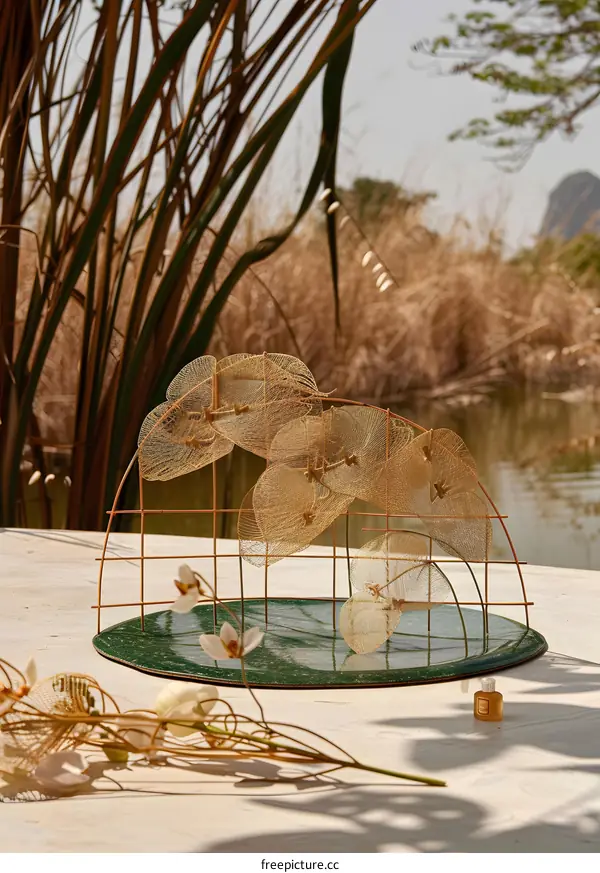 Golden Leaf Sculpture with Green Plate and Flowers