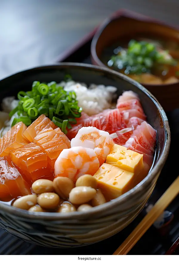 A bowl of Japanese sashimi with rice and soup
