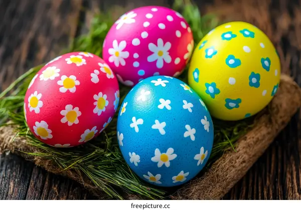 Colorful Easter Eggs Decorated with Flowers