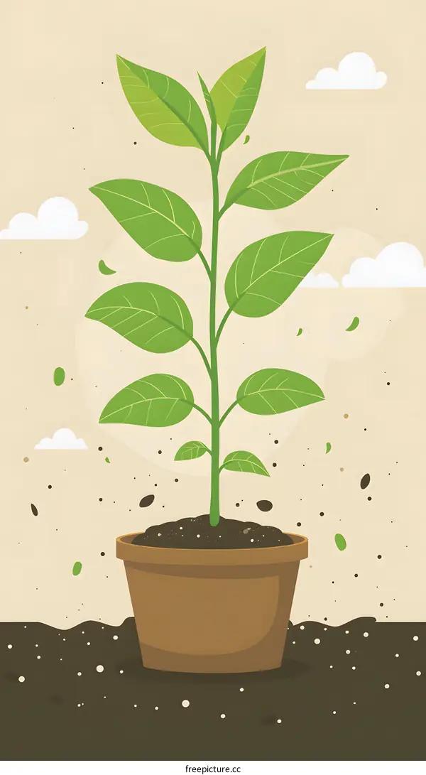 Green Plant Growing in Pot with Soil and Clouds