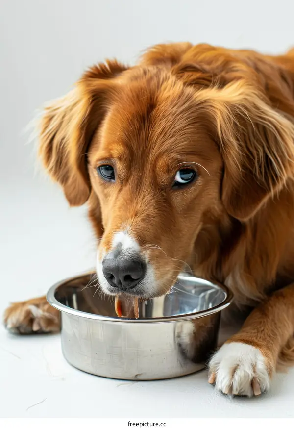 Brown Dog Eating from Metal Food Bowl
