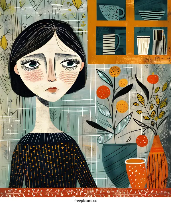 Woman with Flowers and Dishes Illustration