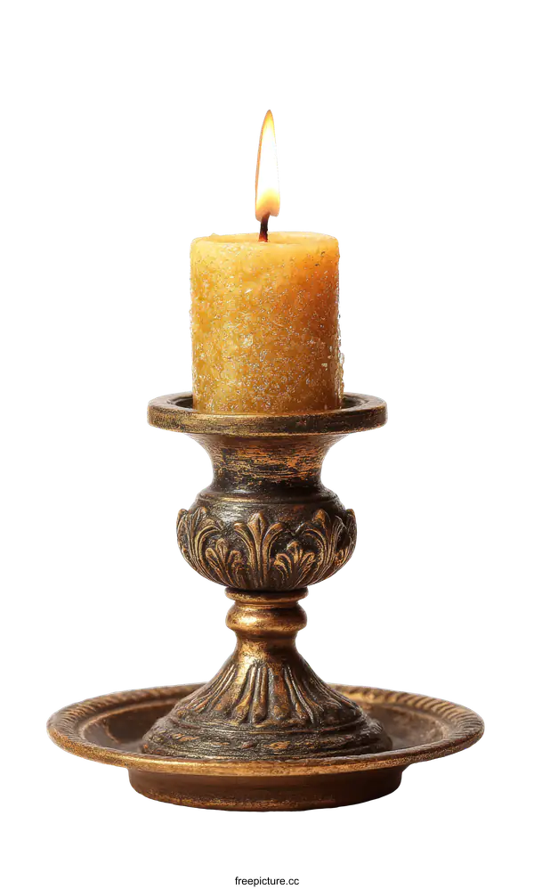 [Transparent Background PNG]Antique Gold Candle Holder with Burning Candle