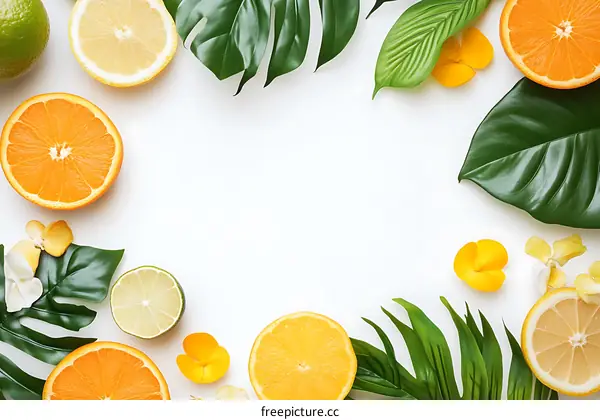 Fresh Citrus Fruit and Tropical Leaves Summer Background