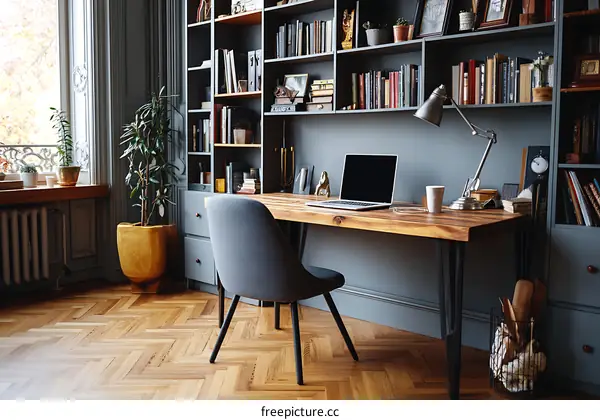 Cozy Home Office with Wooden Table and Bookshelves