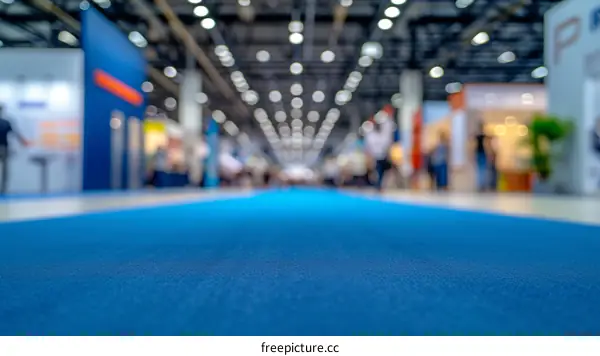 Blurred image of a blue carpet in a convention center with people walking in the background