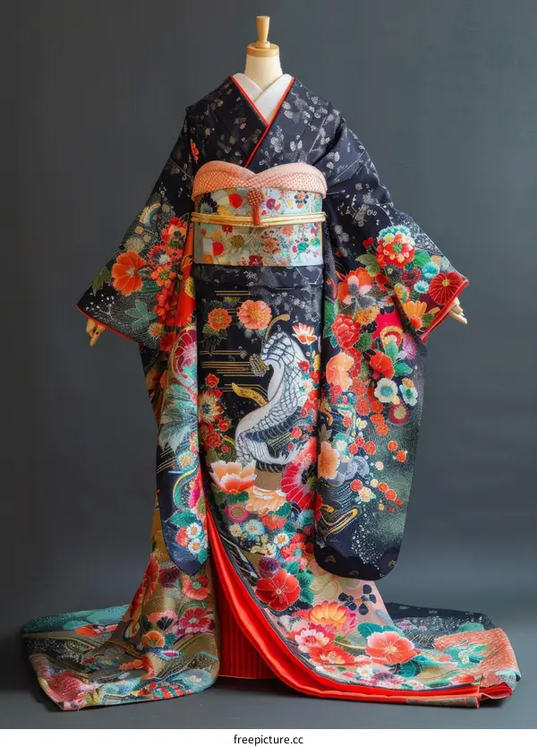 A woman wearing a traditional Japanese wedding kimono with a red obi and white collar