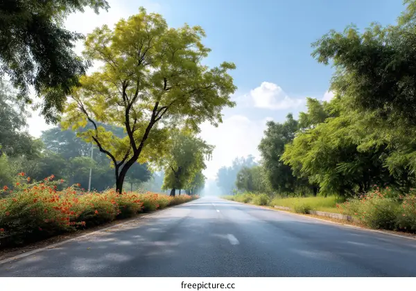 Scenic Road Lined with Lush Trees and Flowers