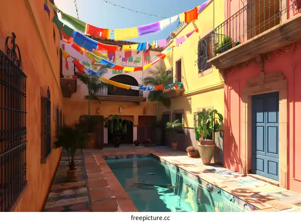 Colorful Flags and a Swimming Pool in a Mexican Courtyard