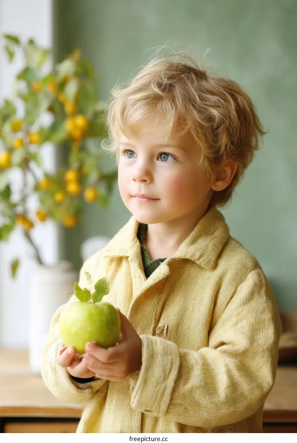 Adorable Child Holding a Green Apple