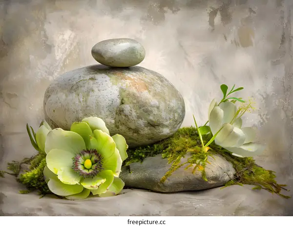 Green Flower and Stones Zen Still Life