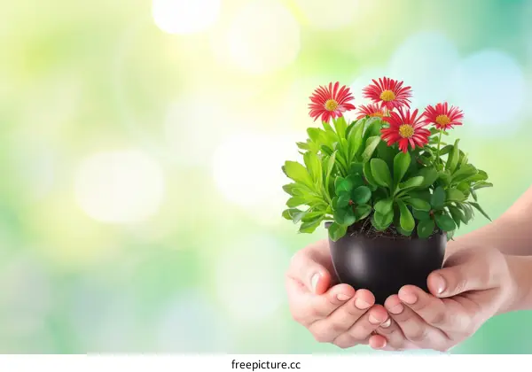 A person holding a flower pot with red flowers in their hands