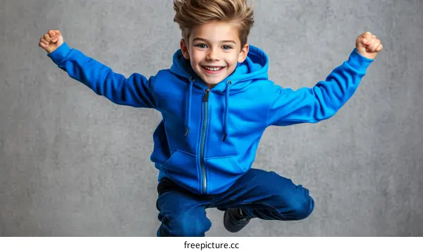 Joyful Child Jumping in a Blue Hoodie