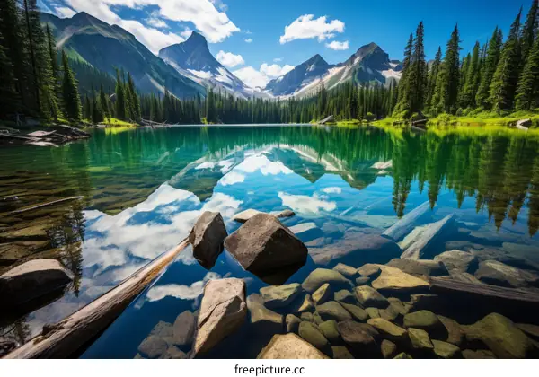 The crystal clear water of a mountain lake reflects the sky above