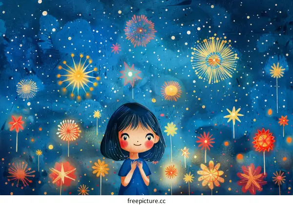 Little Girl Stares in Awe at Night Sky Fireworks