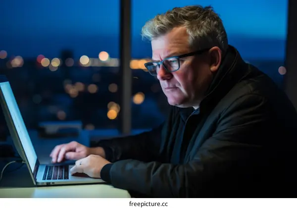 A man is working on his laptop in the dark.