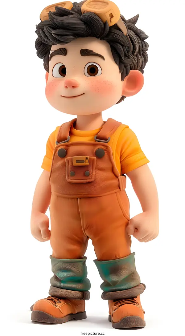 A 3D rendering of an animated character of a young boy wearing brown overalls and an orange shirt.