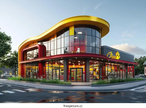 A modern pet store with a large glass window and a yellow curved roof