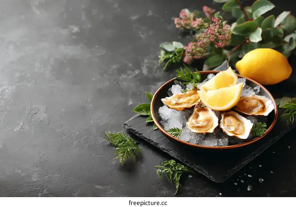 Fresh Oysters with Lemon on Ice