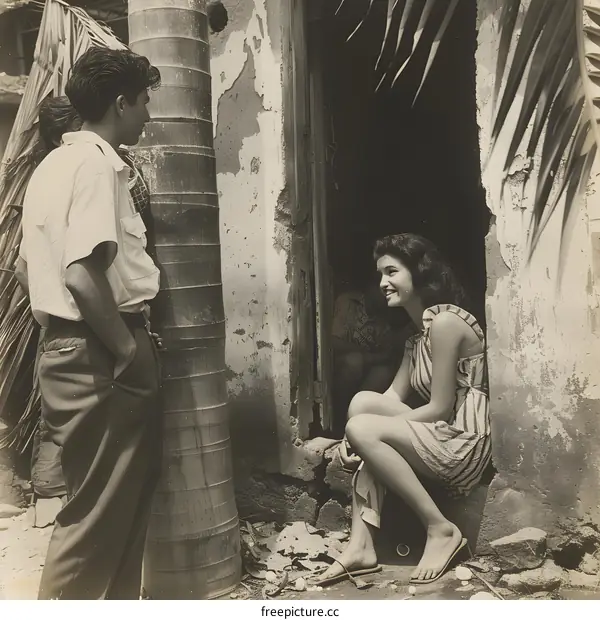 A young woman sits on the ground in front of a man