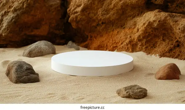 Minimalist White Display Podium on Sandy Beach