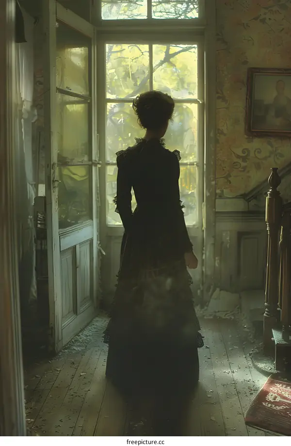 Woman in black dress standing in front of a door
