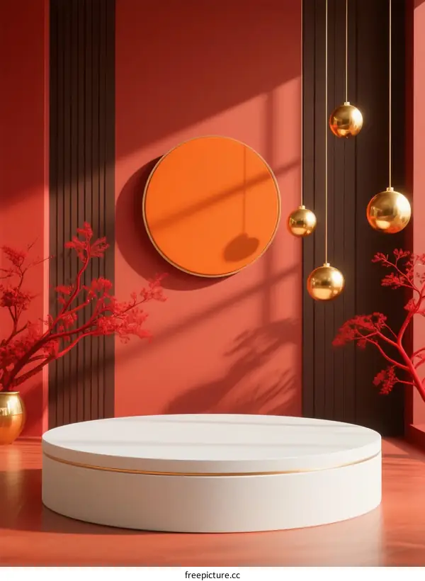 Minimalist White Podium with Orange Wall and Decorative Elements