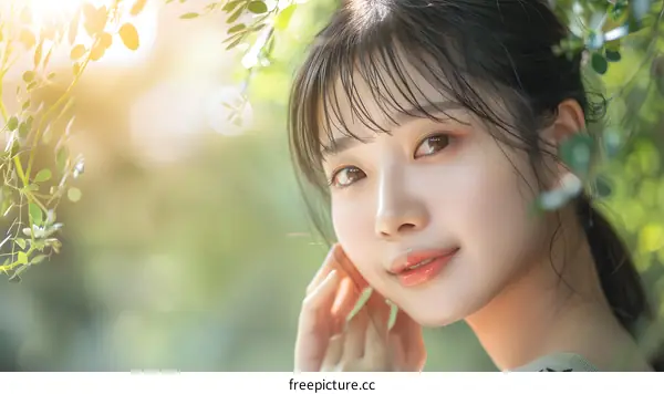 Portrait of a Young Woman With Green Leaves in the Background