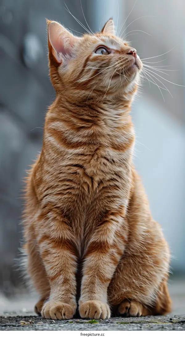 A ginger cat is sitting on the ground and looking up