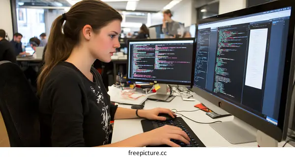 Woman Working on Computer with Code on Screen