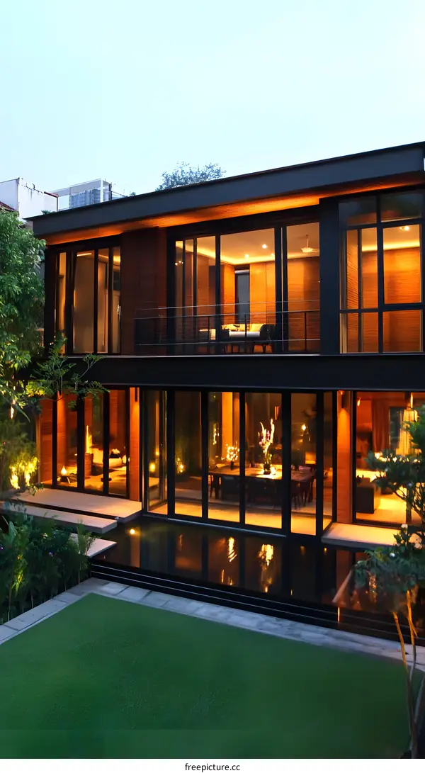 Modern House with Swimming Pool and Green Lawn