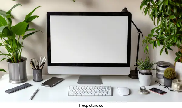 A desk with a computer, keyboard, mouse, and plants