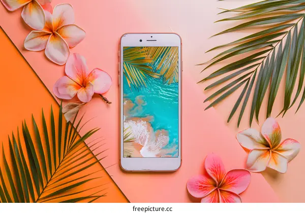 Summer Beach Phone Screen with Tropical Flowers