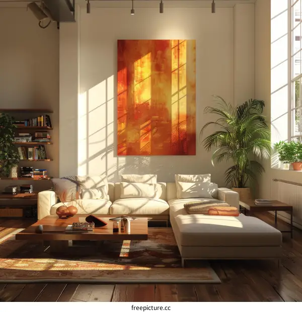 Bright living room interior with white sofa and big orange painting